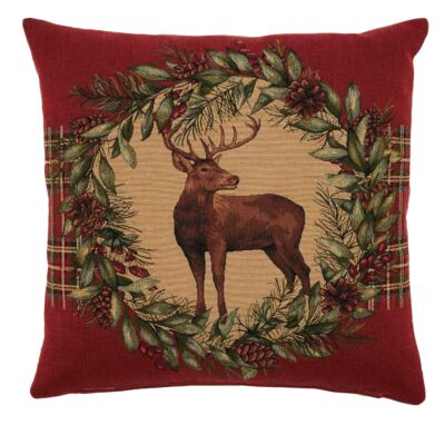 Stag & Wreath Red Pillow Cover