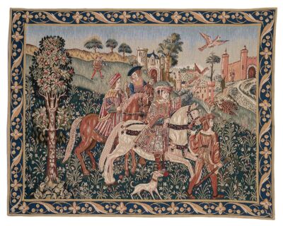 Departure for the Hunt (Blue Border) Tapestry