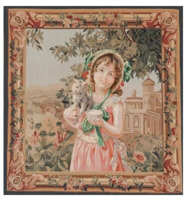 Girl with Kitten Handwoven Tapestry