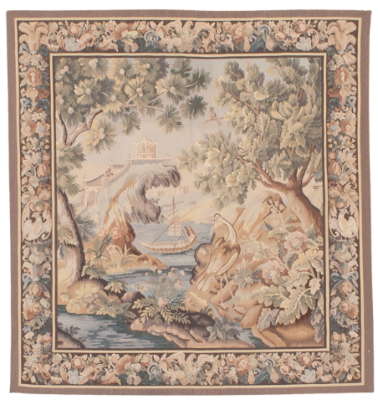 Verdure with Bird & Pagoda Handwoven Tapestry